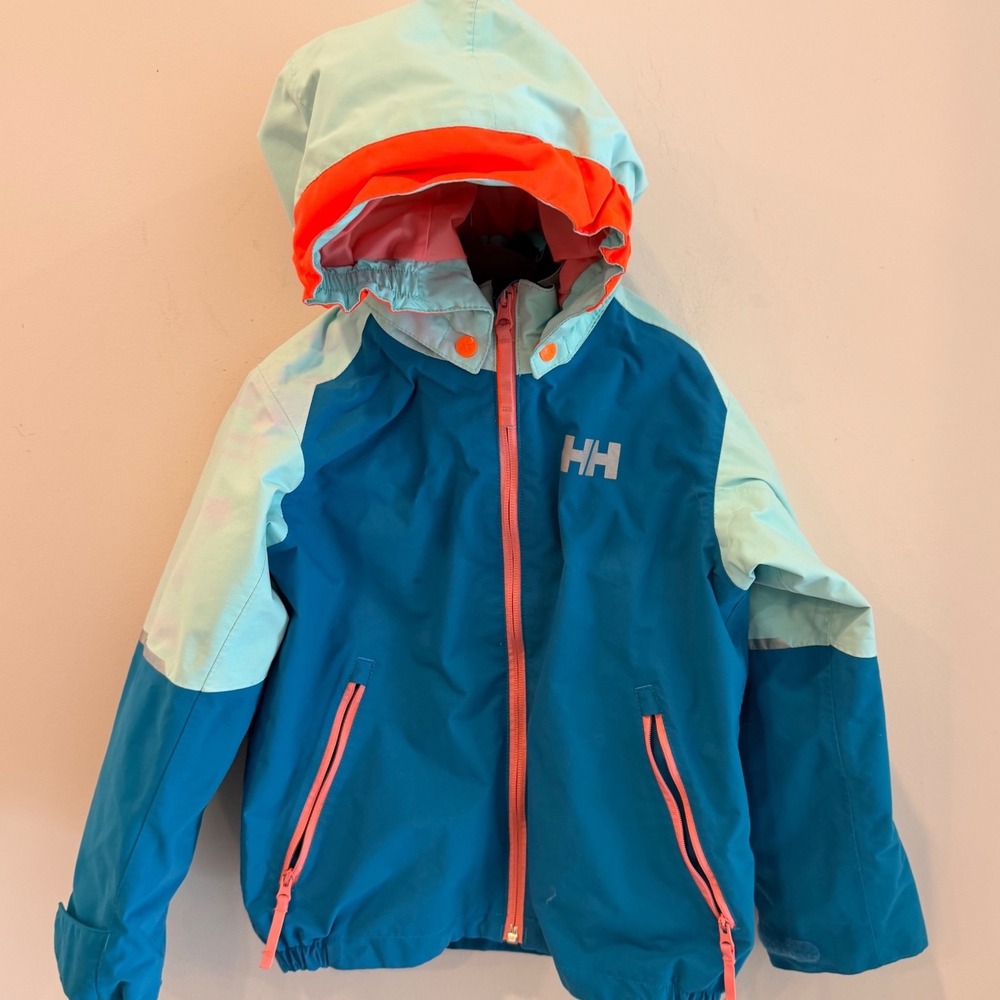 Helly Hansen Kids Size 7 122 Colorblock Hooded Rain Jacket Blue Coral Waterproof